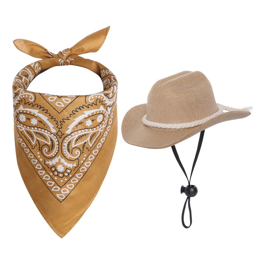 Cowboy Hat with Bandana Scarf Dog Halloween Costumes Cowboy Costume Set for Dogs Cat Party Accessories (Khaki)