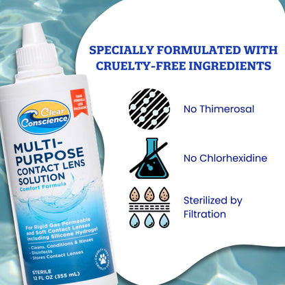 Cruelty-Free Contact Lens Solution 12oz - Multipurpose Cleaner & Sterile Isotonic Eye Contacts Care by Clear Conscience (2 Pack)