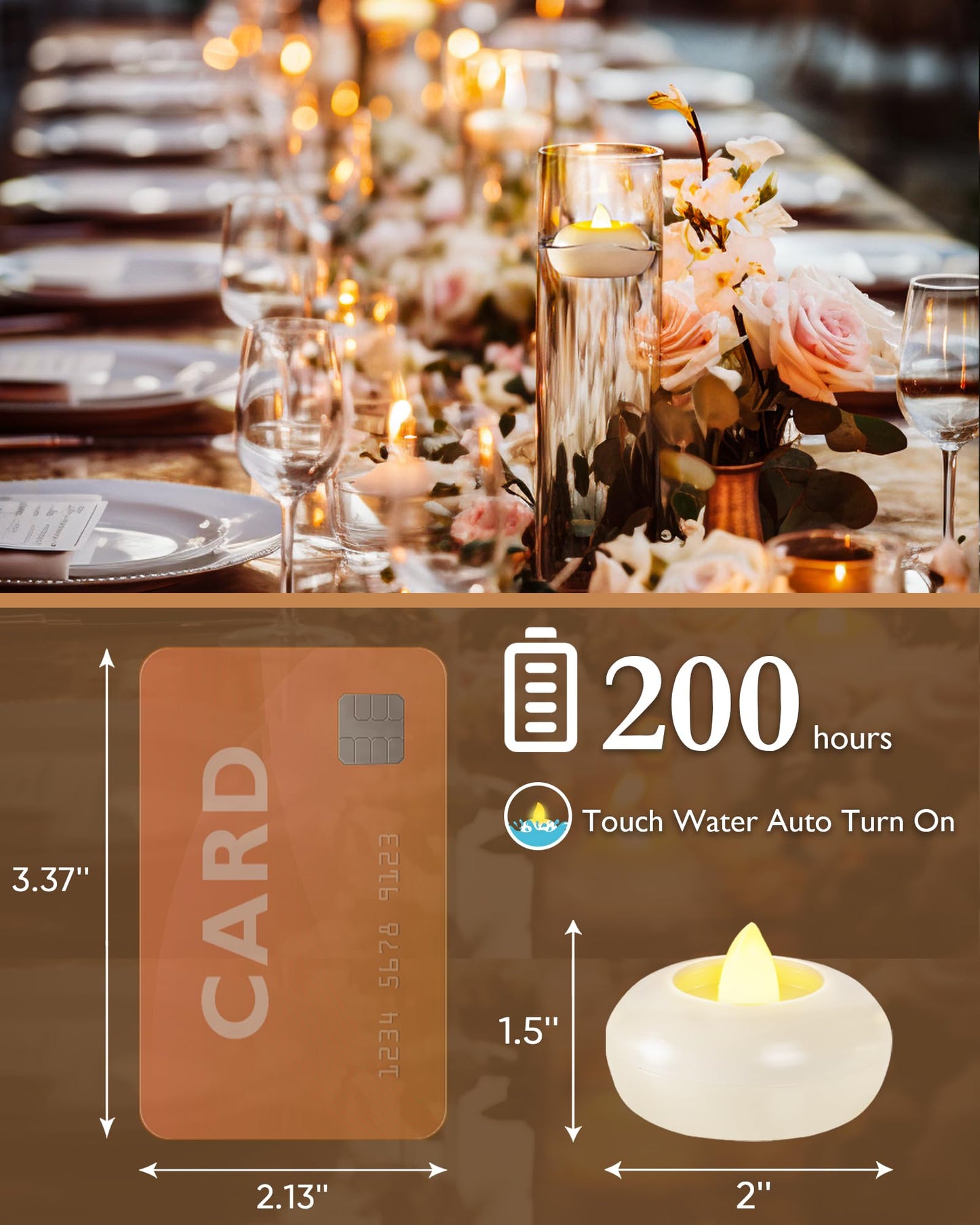 Homemory 24Pack 2” Flameless Led Floating Candles, 200 Hour Plastic Battery Operated Flickering Waterproof Tealights for Cylinder Vases, Centerpieces at Wedding, Party, Pool, Holiday (White Base)