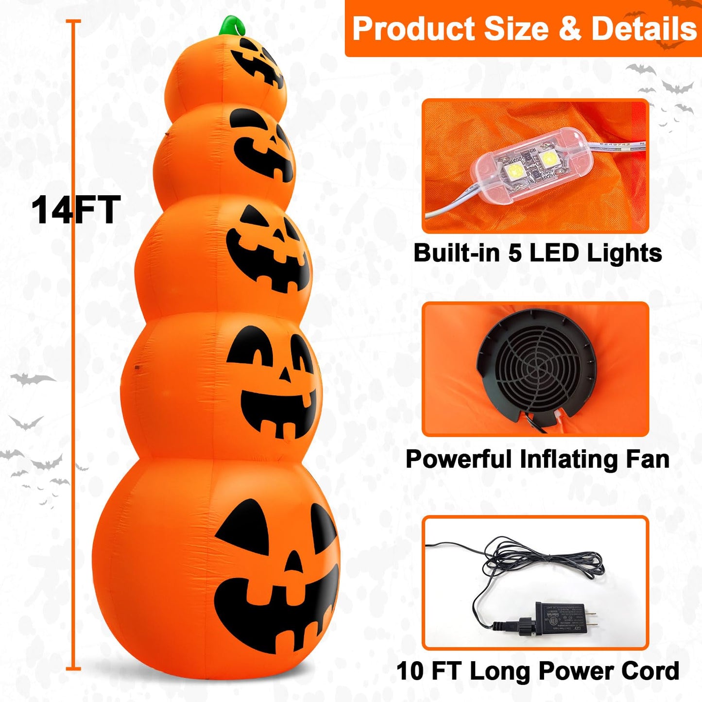 14 FT Giant Halloween Inflatable Stacked Pumpkins Outdoor Decoration Built in 5 LED Lights, Halloween Blow Up 5 Pumpkins Yard Decorations for Lawn Garden Party Decor