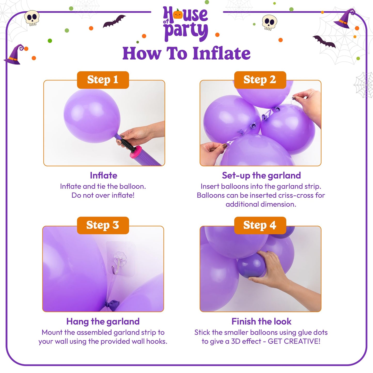 HOUSE OF PARTY Halloween Balloon Arch Kit 80 Pcs - 5/10/12/18 Inch Balloons Garland with 16" BOO Foil Balloon & Stretchy Spider Web For Halloween Party & Kids Birthday Decorations