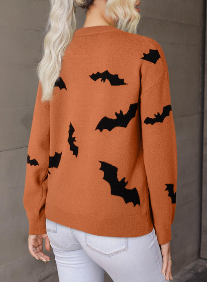 Dokotoo Womens Halloween Sweaters Crewneck Long Sleeve Bat Pattern Loose Fit Pullover Sweaters Cute Spooky Warm Cozy Autumn Winter Sweater Tops Casual Holiday Fall Clothes Orange XL