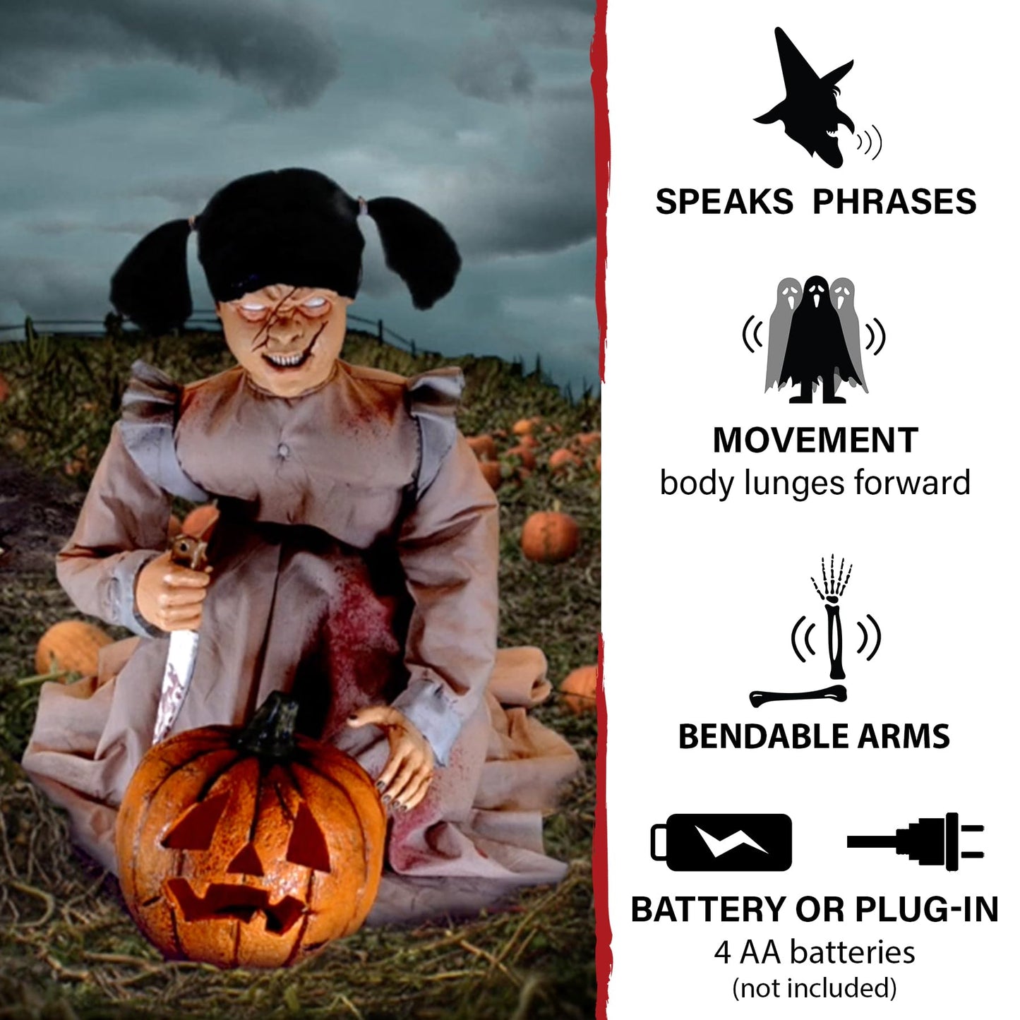 Haunted Hill Farm Lunging Pumpkin Carver Zombie Girl by Tekky, Motion-Activated Talking Halloween Animatronic for Indoor or Covered Outdoor Creepy Halloween Decorations, Plug-in or Battery Operated