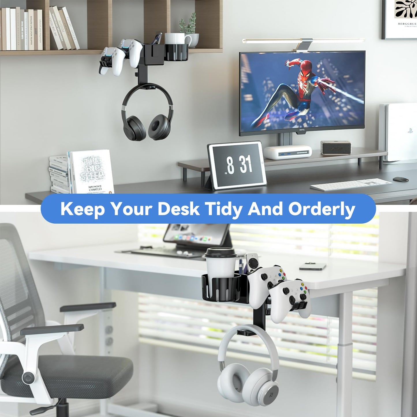 KDD 5 in 1 Desk Controller Holder - Rotating Headphone Hanger with Cup Holder - Clamp On Desk Organizer Holds Controller, Headphone, Cup, Mobile phone and Pen(Black)