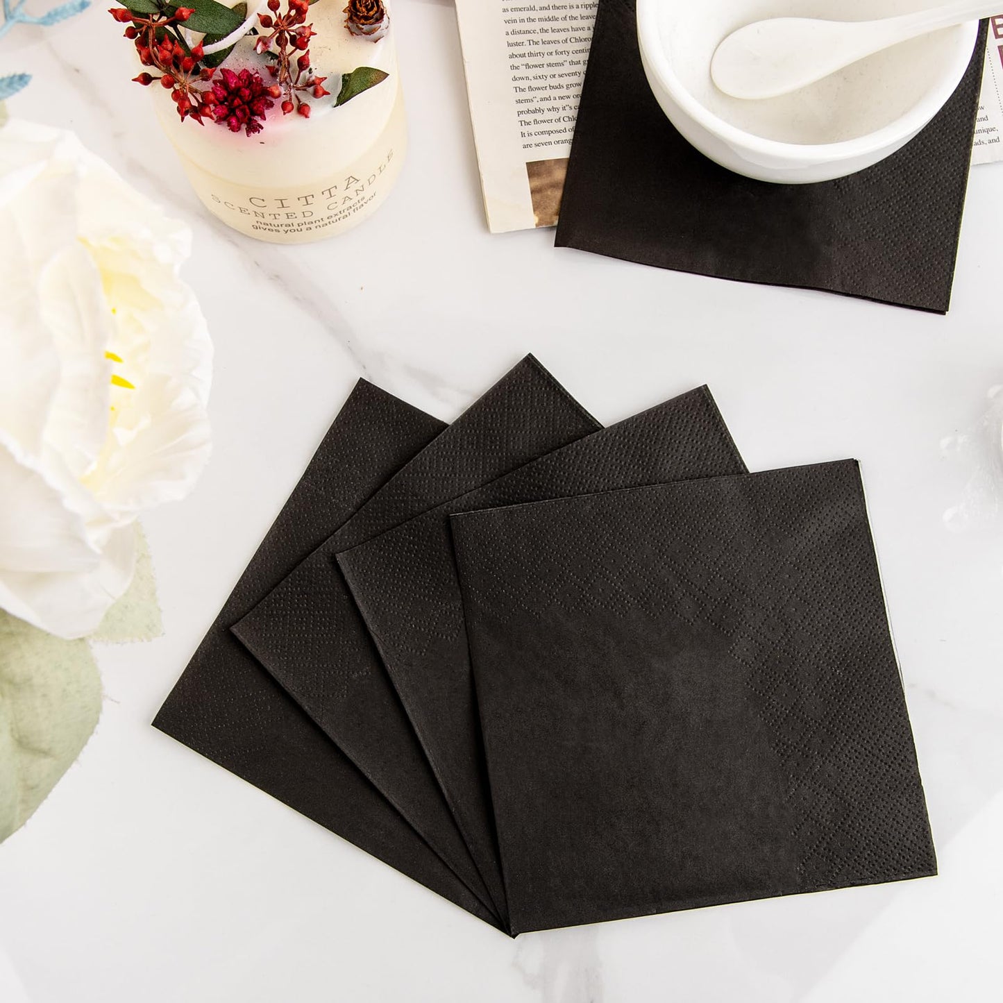 FLOWERCAT 100-Count 2-Ply Black Cocktail Napkins - Black Beverage Napkins Disposable Premium Quality - 5“ x 5" and unfold 10" x 10" Paper Napkins for Bar,Weddings,Birthday,Halloween