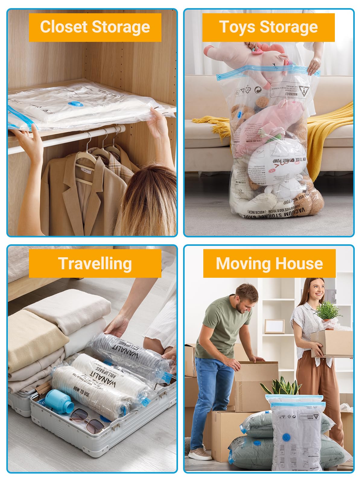 Vacuum Storage Bags with Electric Air Pump, New Air Valve Combo 15 Pack Compression Bag, Space Saving Vacuum Sealer Bags for Clothes, Blanket, Duvets, Pillows, Comforters, Travel, Two Compressing Ways