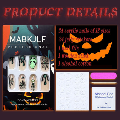 Halloween Press on Nails Medium Almond Fake Nails Nude Full Cover Green Spider Web Nightmare Christmas Nails Rhinestones False Nails with Designs Acrylic Artificial Nails for Women Girls 24Pcs