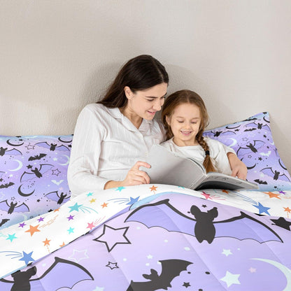 Feelyou Halloween Comforter Rainbow Comforter Set for Boys Girls Children Bat Moon Star Print Bedding Set Halloween Theme Purple Gradient Style Room Decor Twin Size Duvet Set 2Pcs with 1 Pillow Case