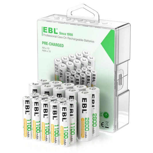 EBL Rechargeable Batteries Combo, AA 2800mAh (10 Pack) and AAA 1100mAh (10 Pack) High Capacity Precharged Ni-MH Rechargeable Batteries with Battery Organizer Storage Box