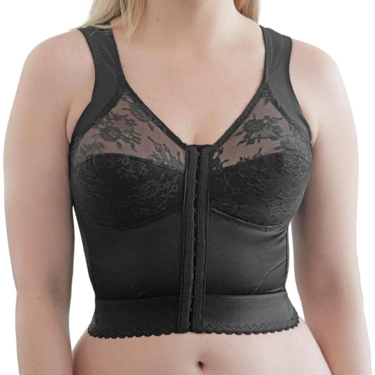 Front Closure Longline Bra | 9603 | Made in USA | Wire-Free Comfort w/Back Support | Soft Cups | 40DD / Black