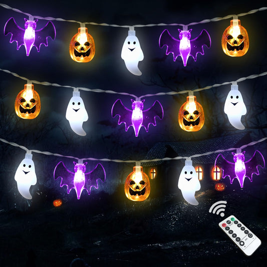 Halloween Lights Decorations, 16 FT 30 LED Waterproof 3D Pumpkin Bat Ghost Battery Operated String Lights with Timer, 8 Lighting Modes Fairy Light for Home Window Indoor Outdoor Halloween Party Decor