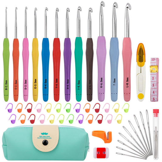 Crochet Hooks 12 Sizes Crochet Hook Set, 51 Pack Yarn Crochet Kit for Beginners, Knitting Needles with Ergonomic Handles for Arthritic Hands, Crochet Needle Kit with Blue Case for Crocheters
