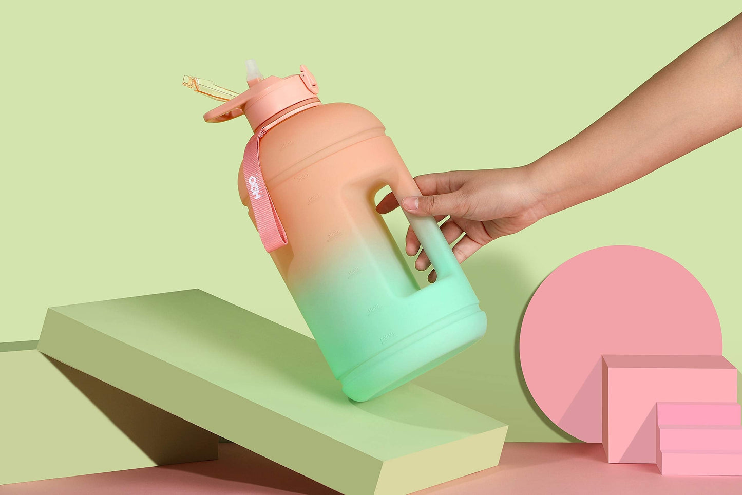 H2O Capsule INSPO Gallon Water Bottle with Time Marker and Straw Motivational Hydration Tracker Jug Big BPA-Free Food-Safe Leakproof Drinking Bottle with Handle & Strap, Lotus Blossom