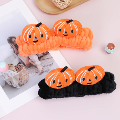 FlyingMage Spa Headband for Washing Face, 2 Pack Cute Halloween Hair Band for Shower Yoga Beauty, Fluffy Makeup Headband, Kawaii Facial Headbands for Woman Girls, Orange+Black Pumpkin
