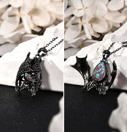 Distance Halloween Gifts Bat Necklace for Women, Pink Opal October Birthstone Pendant 925 Sterling Silver Necklace, Birthday Christmas Jewelry Gifts for Women/Wife/Girlfriend