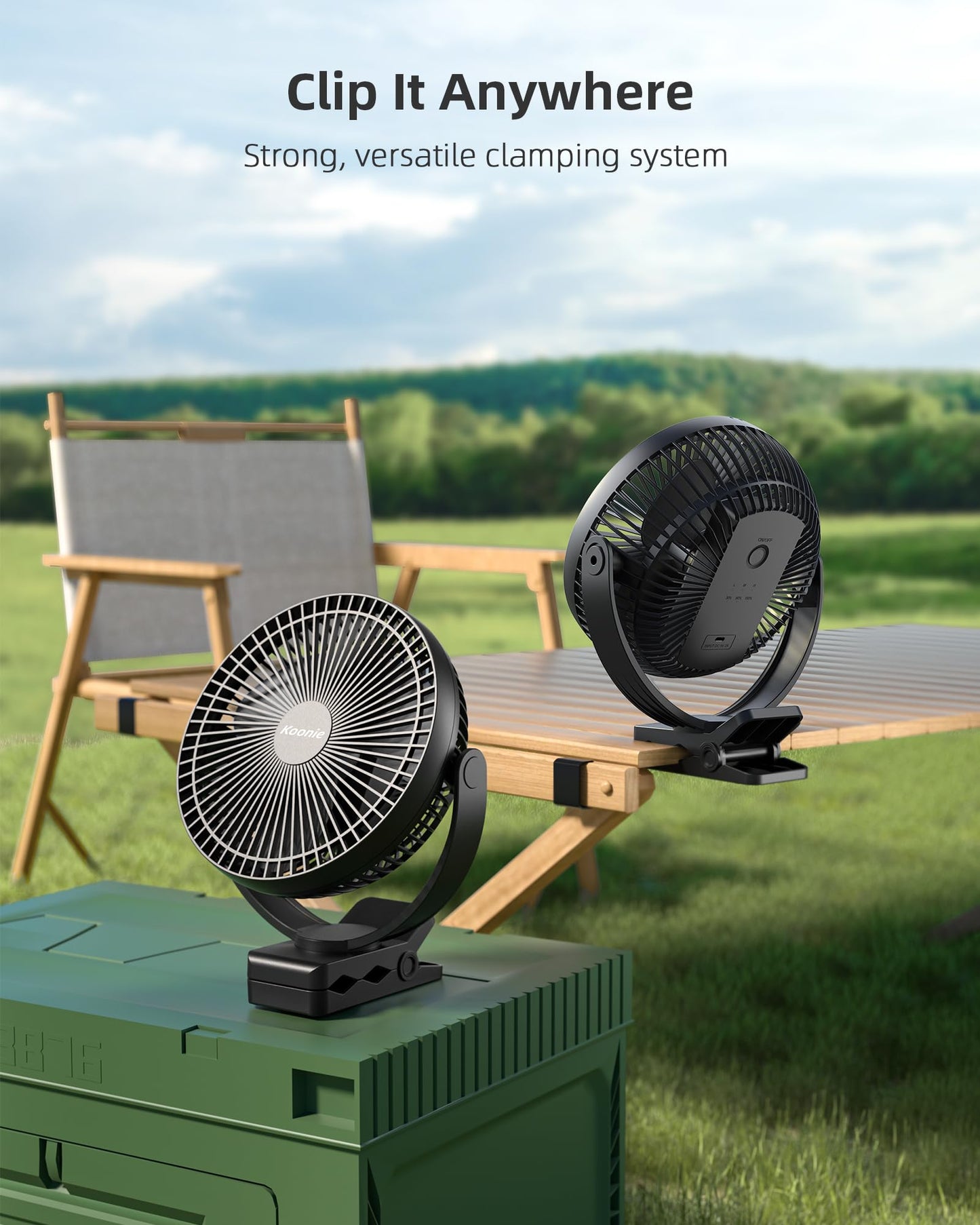 Koonie 10000mAh Clip on Fan Rechargeable, 8-Inch Battery Operated Desk Fan, USB Fan, 4 Speeds, Strong Airflow, Sturdy Clamp for Golf Cart Office Desk Outdoor Travel Camping Tent Gym Treadmill,Black