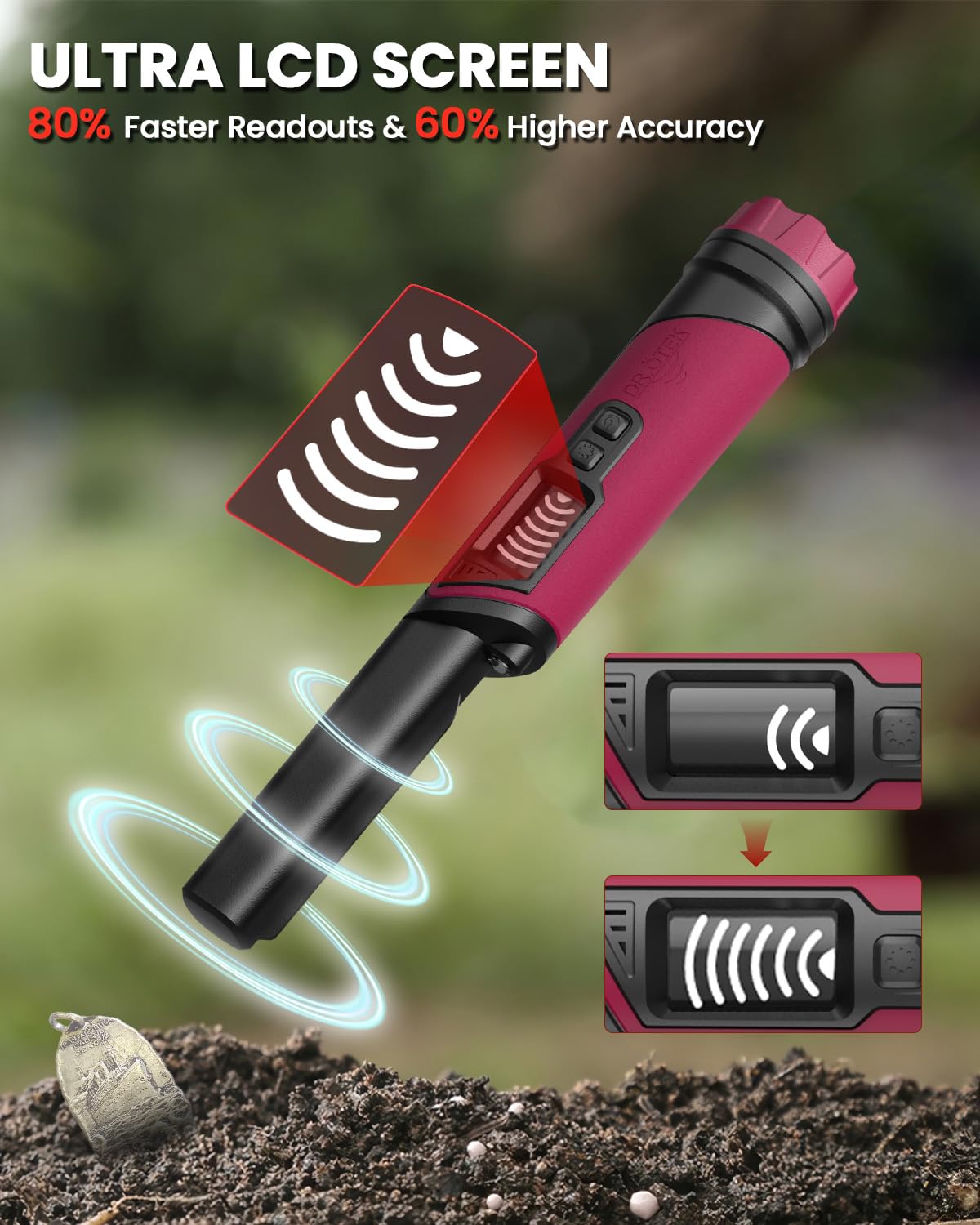 DR.ÖTEK Metal Detector Pinpointer for Adults & Kids, IP68 Fully Waterproof underwater metal detector wand Handheld Pin Pointer with LCD Screen & LED Light, 360°High Sensitivity Accuracy Detection, Red