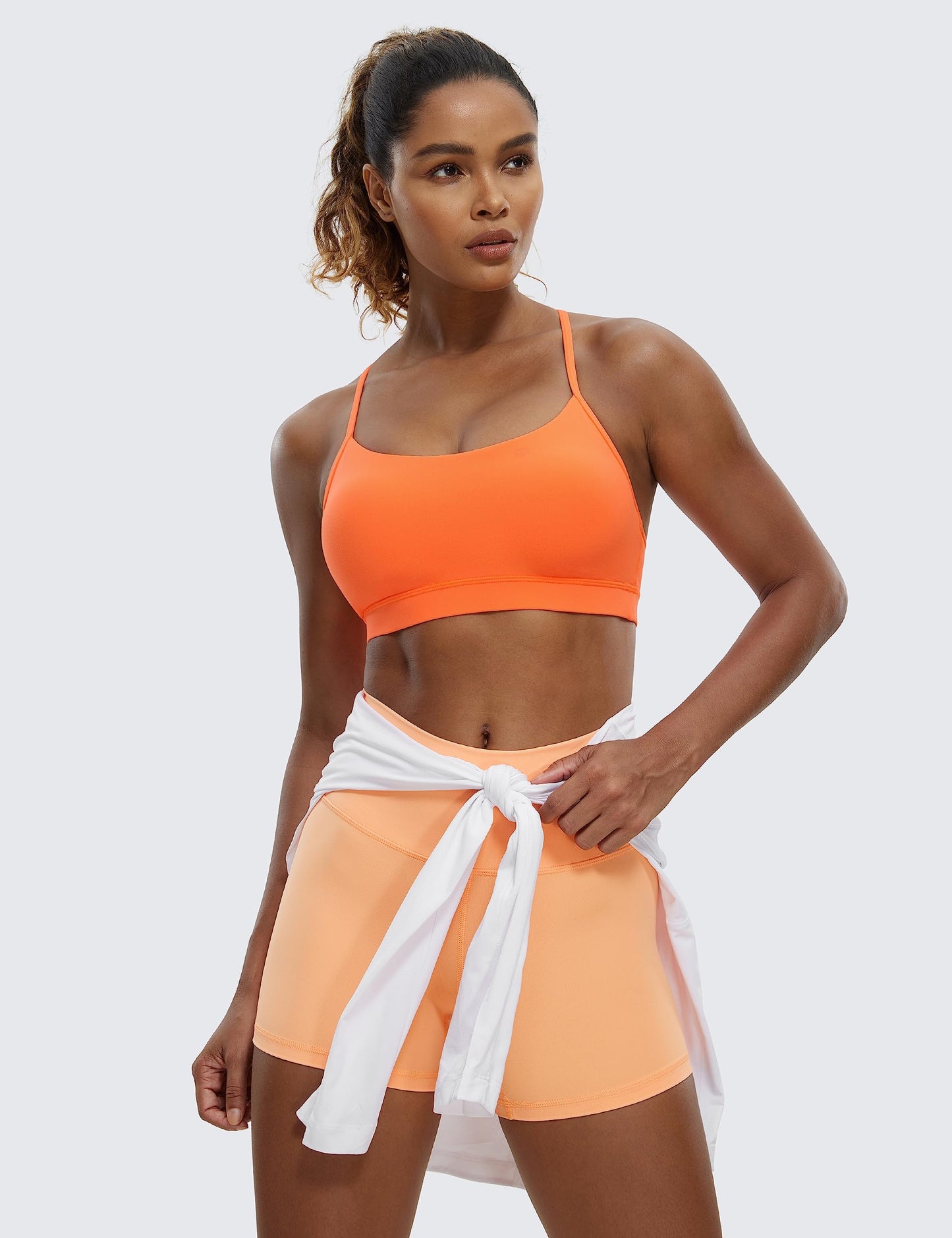 CRZ YOGA Butterluxe Womens Y Back Sports Bra - Padded Racerback Low Impact Spaghetti Thin Strap Workout Yoga Top Neon Orange Medium