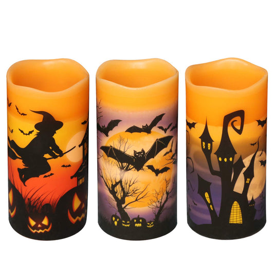 DRomance Halloween LED Flameless Pillar Candles Battery Operated with 6 Hour Timer Set of 3 Orange Wax Warm Light Flickering Witch Bats Castle Spooky Decals Halloween Decor Gifts(3 x 6 Inch)