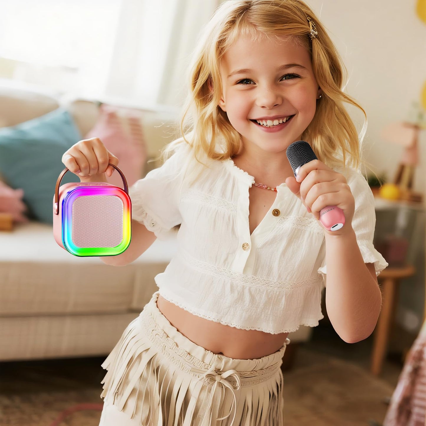 Kinglucky Mini Karaoke Machine for Kids, 2025 TOP Birthday Gifts Ideas for 3-12 Year Old Girls, Christmas Party Gifts Kids' Personal Video Players Accessories with 2 Wireless Microphones - Pink