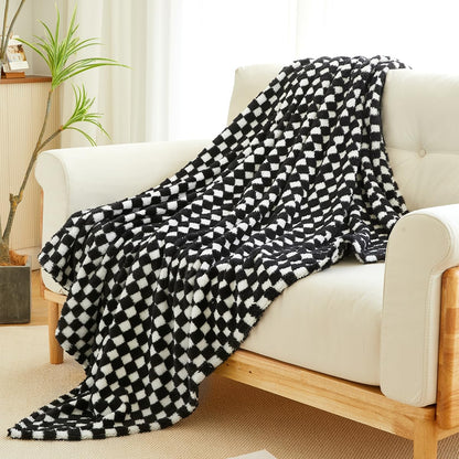 CozyRest Flannel Throw Blanket Super Soft Lightweight Bed Blanket 3D Checkered Pattern All-Season Cozy, Plush Bed Couch Blanket for Adults (Black, 50 x 60 inches)