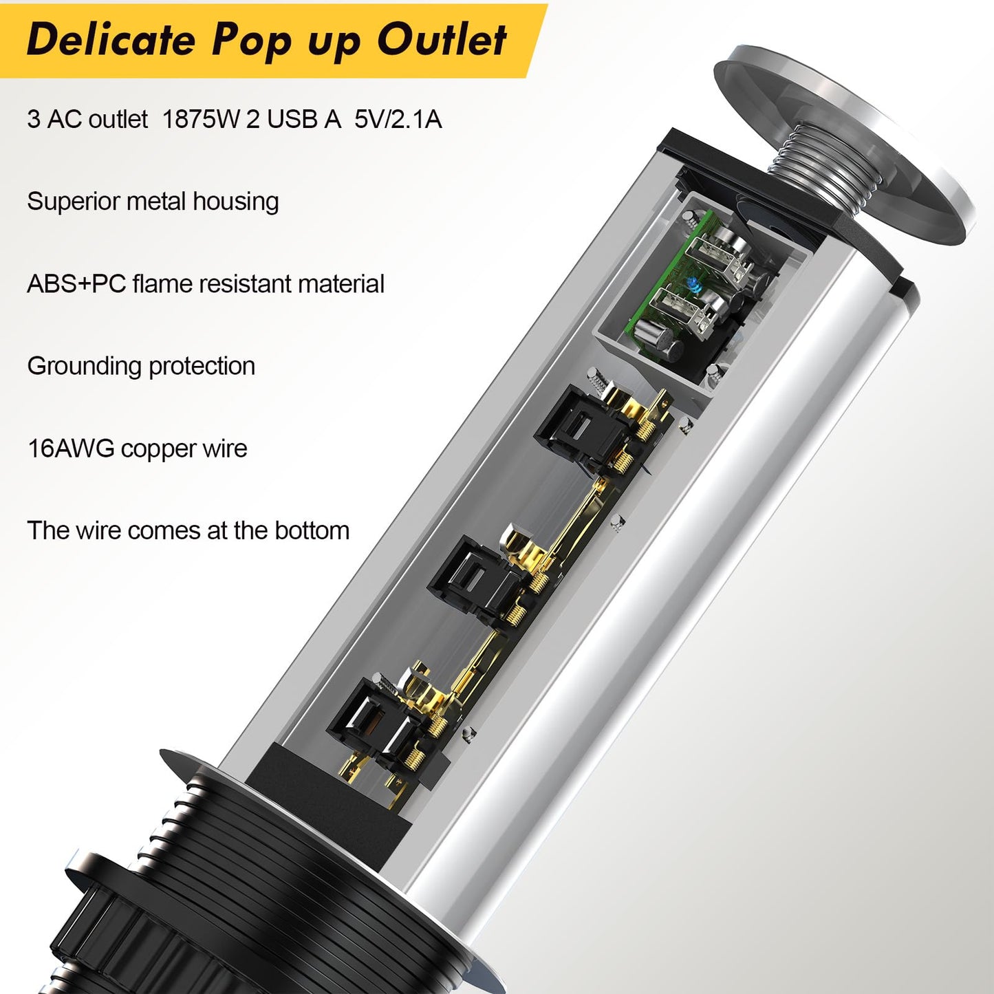 Kungfuking Pop Up Outlet Socket Recessed Retractable Power Strip Charging Station with 3 US Plug and 2 USB Ports for Kitchen Counter Island Conference Office, Black