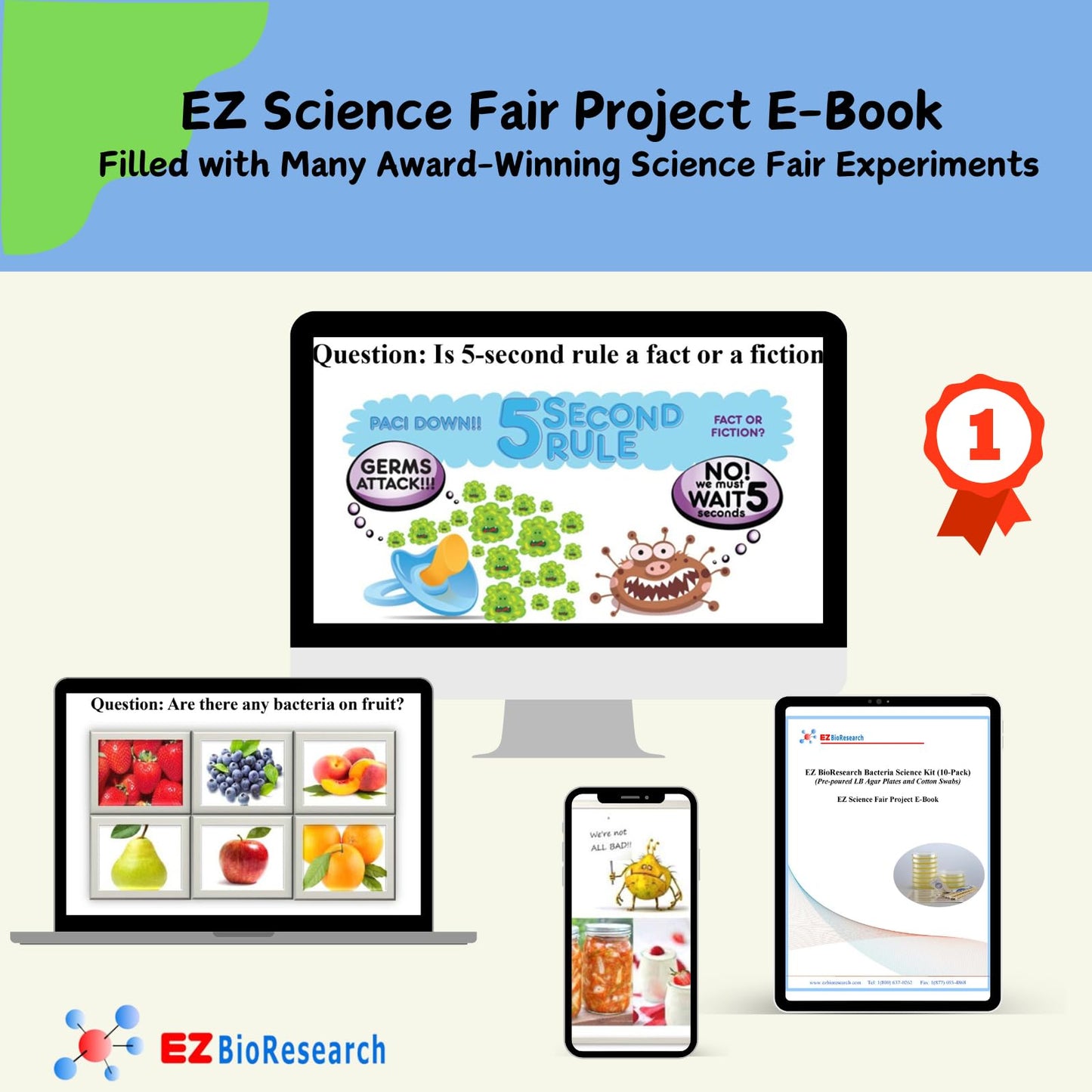 EZ BioResearch Bacteria Science Kit (IV) (Gift Pack): Prepoured LB-Agar Plates and Cotton Swabs. Exclusive Free Science Fair Project E-Book Packed with Award Winning Experiments. (IV Gift Pack)