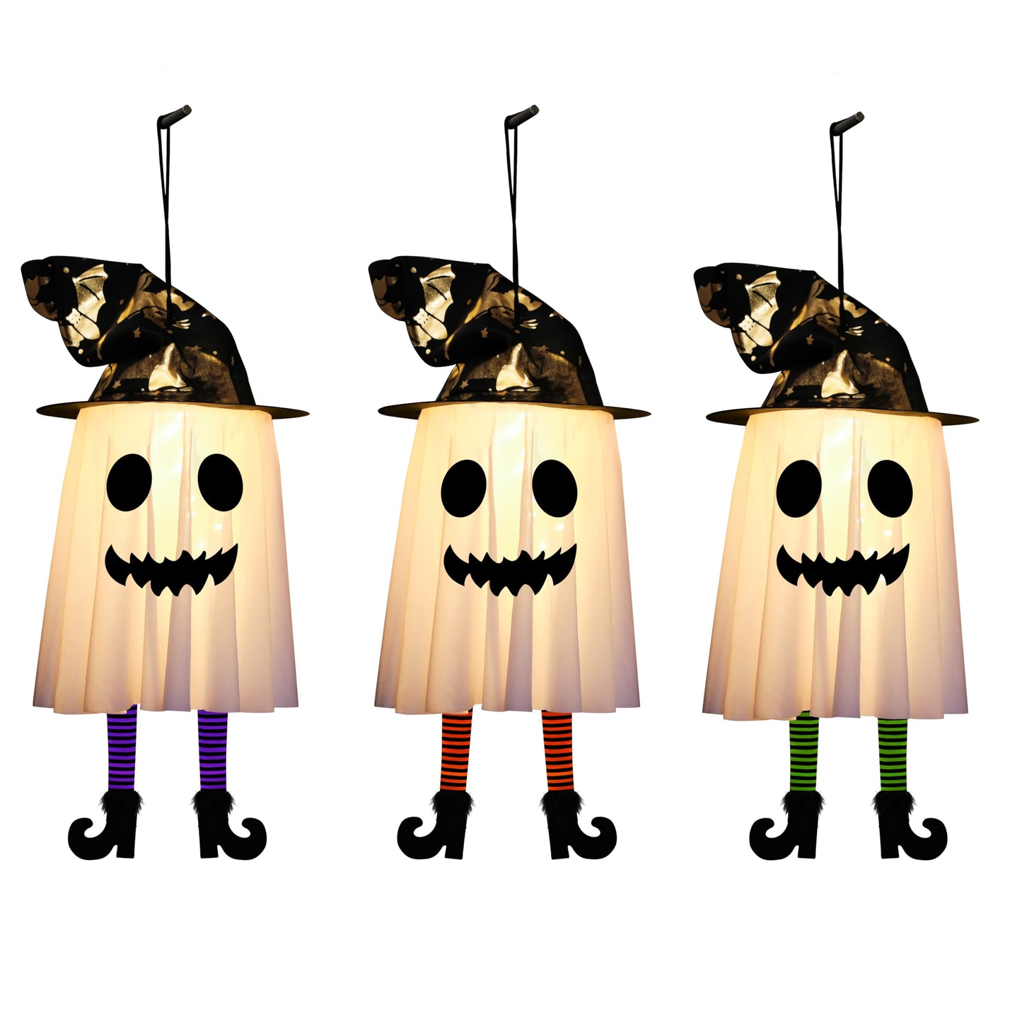 3 Packs Halloween Hanging Ghosts Decorations Outdoor Indoor, Spooky Glowing Ghost Witch Hat Striped Stockings High Heels String Lights 3 Modes Patio Yard Front Porch Tree Party(Contains 18 Batteries)