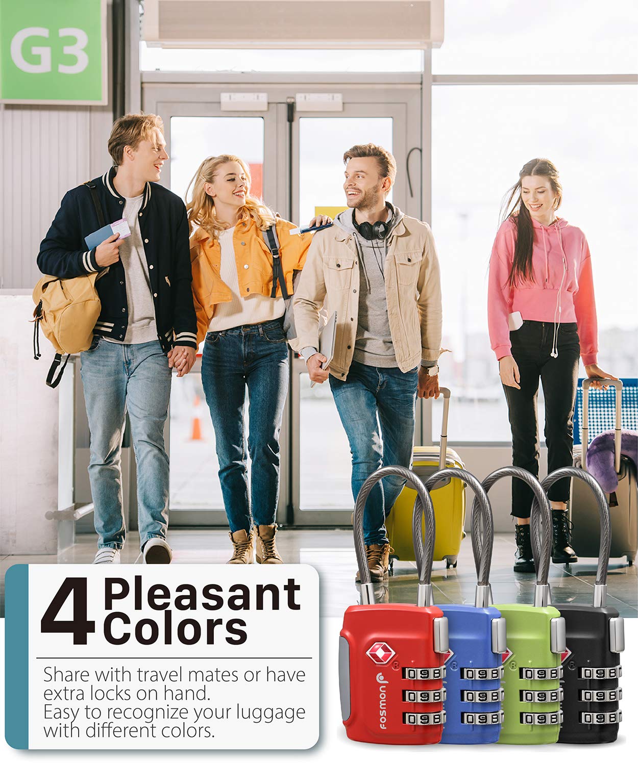 Fosmon TSA Approved Luggage Locks, Cable Suitcase Travel Lock, 3 Digit Long Shackle Combination Padlock, Wire Lock for Gym Locker, Backpack Anti Theft