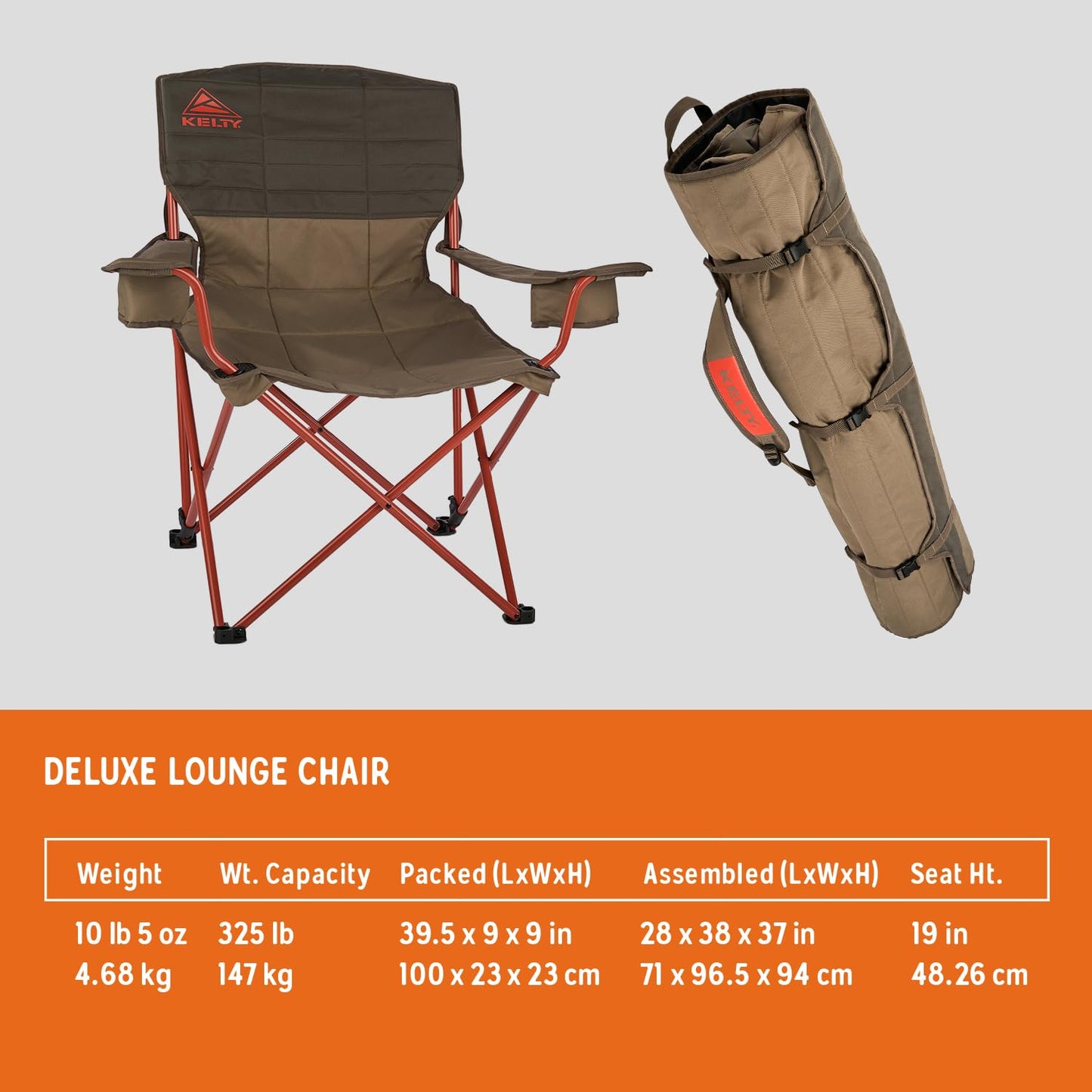 Kelty Deluxe Lounge Chair – Folding Outdoor Camp Chair, Insulated Cupholders, Customized Recline, Steel Frame, Padded Roll Storage, 2024 (Bungee)