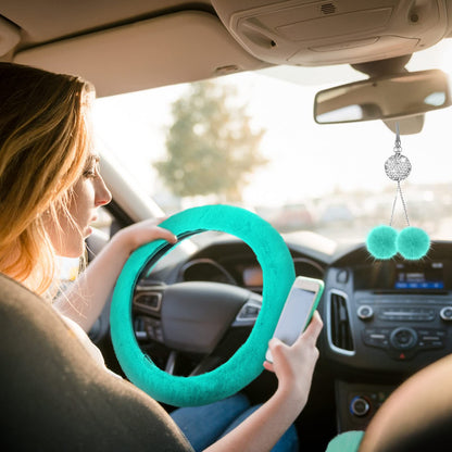Frienda 6 Pieces Fluffy Car Accessories Set Bling Fluffy Steering Wheel Cover Soft Fuzz Handbrake Gear Shift Cover Bling Mirror Fuzz Car Pad Decoration(Mint Green)
