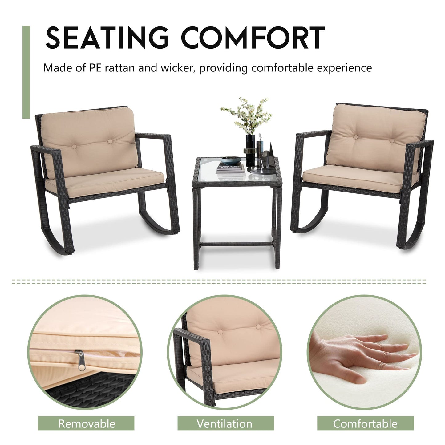 FDW Wicker Patio Furniture Outdoor Bistro Set, Rocking Chair, 3 Piece, Rattan Conversation Set for Backyard Porch Poolside Lawn with Coffee Table,Black