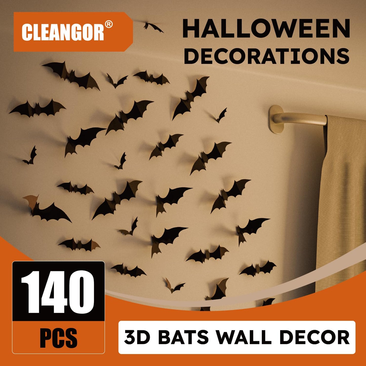 CLEANGOR 140Pcs Bats Halloween Decor, Spooky Halloween Party Supplies Stickers, 3D Bats Wall Decal, Cute Halloween Decorations Indoor for Bedroom, Bathroom, Home, Door, Window, Office
