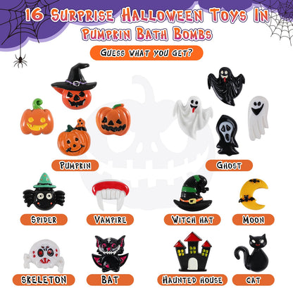 Halloween Gifts for Kids - 16pcs Halloween Bath Bombs for Kids with Toys Inside Halloween Party Favors Goodie Bag Fillers Natural Organic Bubble Bath with Spooky Pumpkin Bath Bombs
