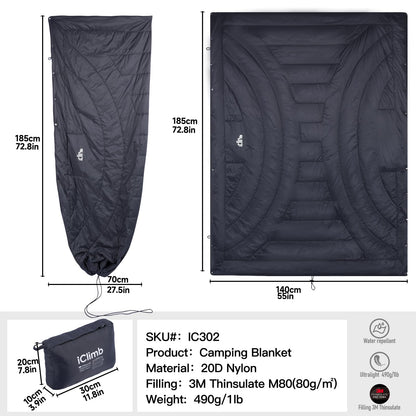 iClimb 3M Thinsulate Insulation Warm Camping Blanket Ultralight Compact (Dark Grey)