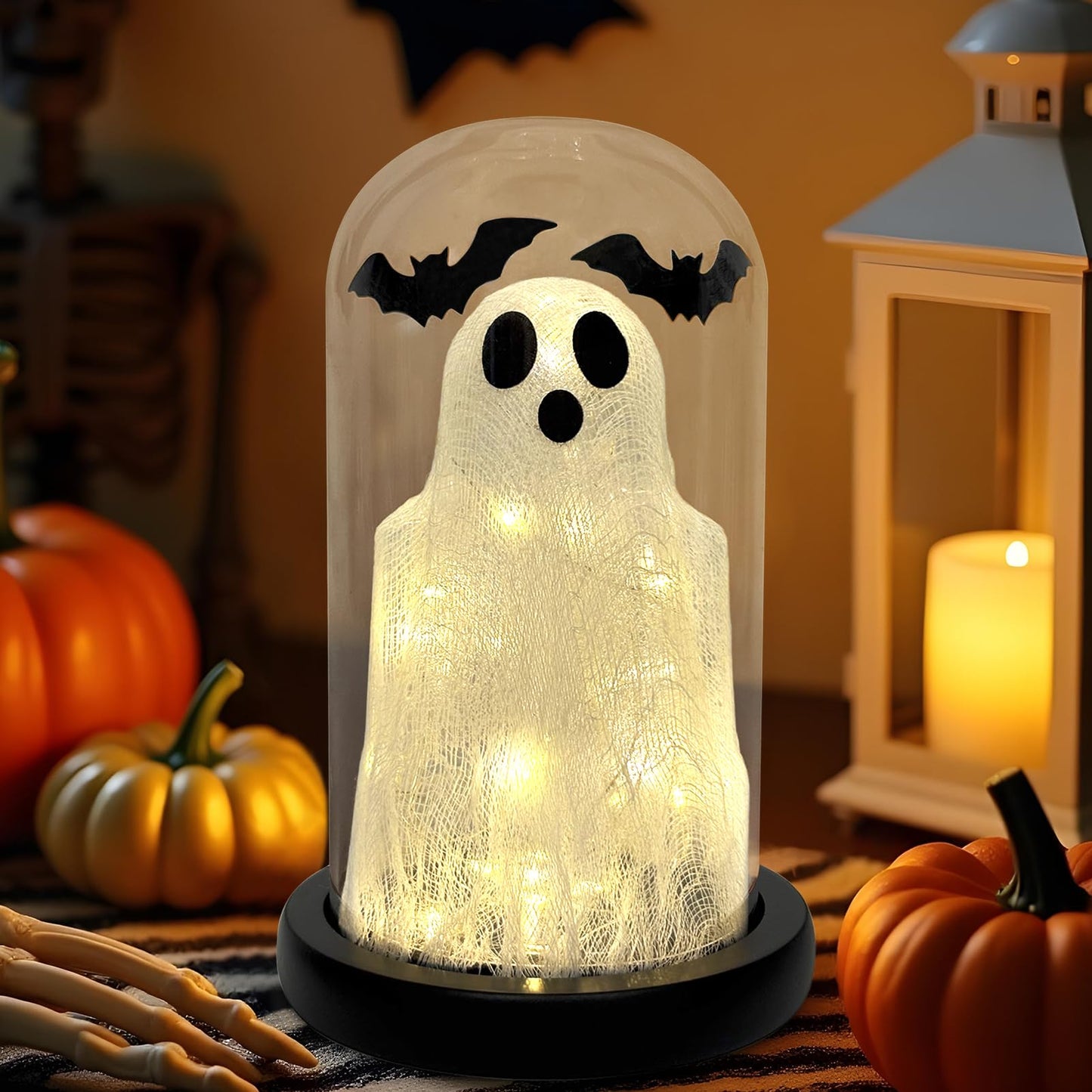 DAZONGE Halloween Decorations Indoor, Lighted Ghost in Glass Dome Cloche, Cute Spooky Halloween Ghost Decor for Tabletop Mantel Display