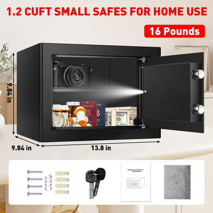 1.2 Cubic Feet Small Fire Safe Box for Home, Fireproof Lock Box, Security Money Safe with Digital Keypad, Spare Keys and Removable Shelf, Personal Home Safes for Money, Jewelry, ID Documents