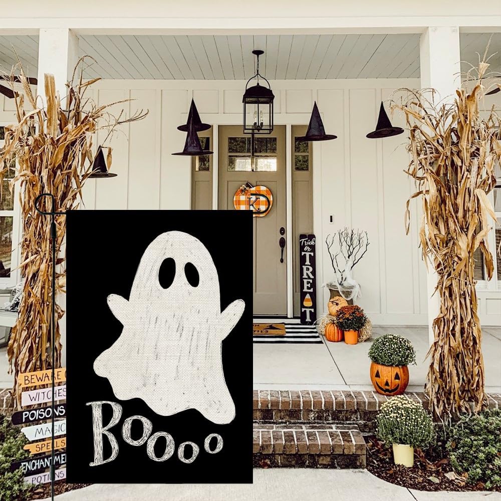CROWNED BEAUTY Halloween Ghost Garden Flag 12x18 Inch Double Sided Small Burlap for Outside Boo Black Holiday Yard Decoration CF1079-12