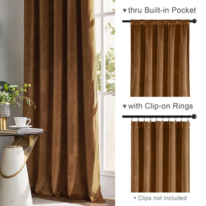 Lazzzy Velvet Blackout Curtains Brown Thermal Insulated Curtains 84 Room Window Drapes Super Soft Luxury Curtains for Living Room Bedroom Rod Pocket 2 Panels 84 Inch Long Gold Brown