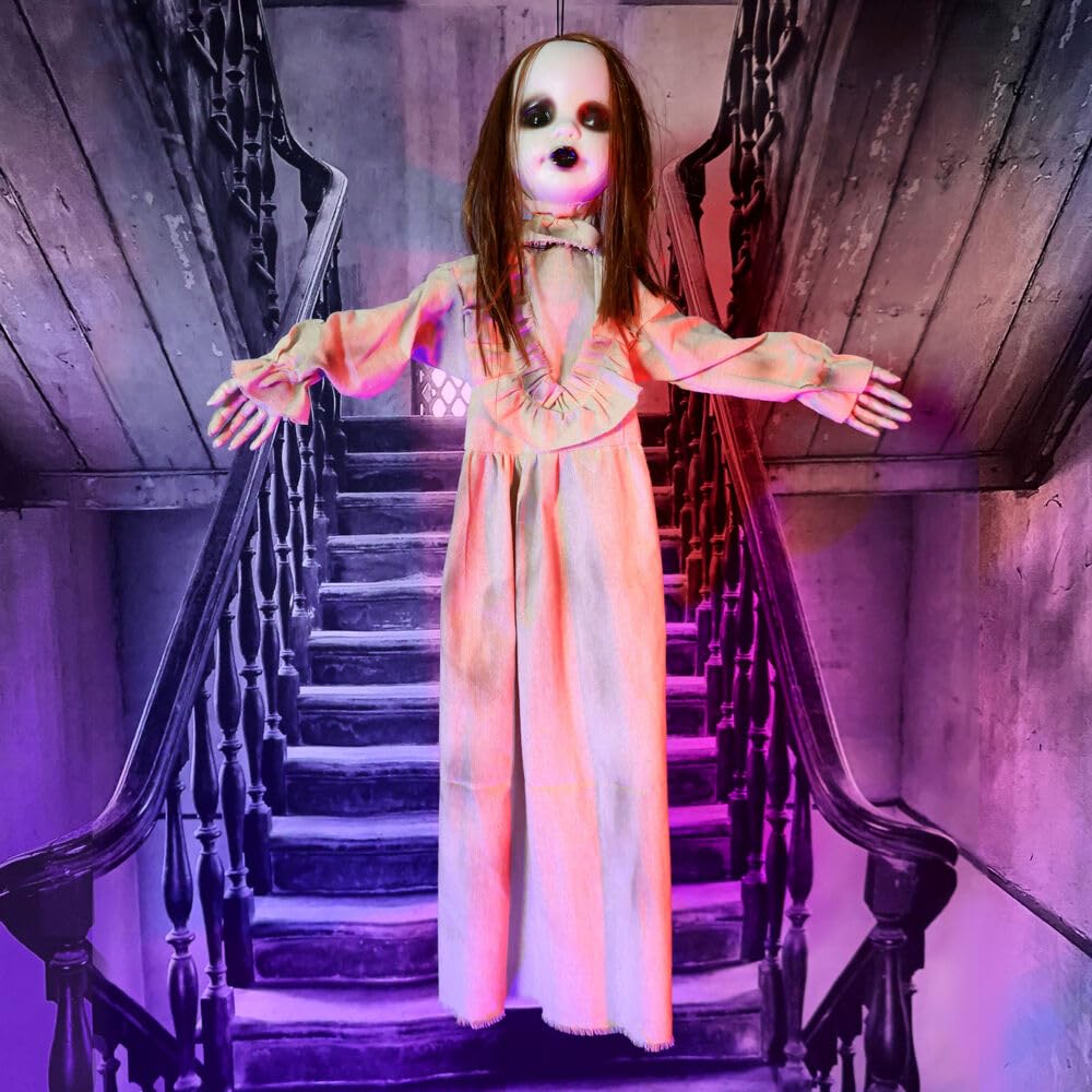 Haunted Hill Farm Floating, Talking Zombie Girl Animatronic with Blue Chest Light for Scary Free-Hanging Halloween Decoration,5 x 16 x 47