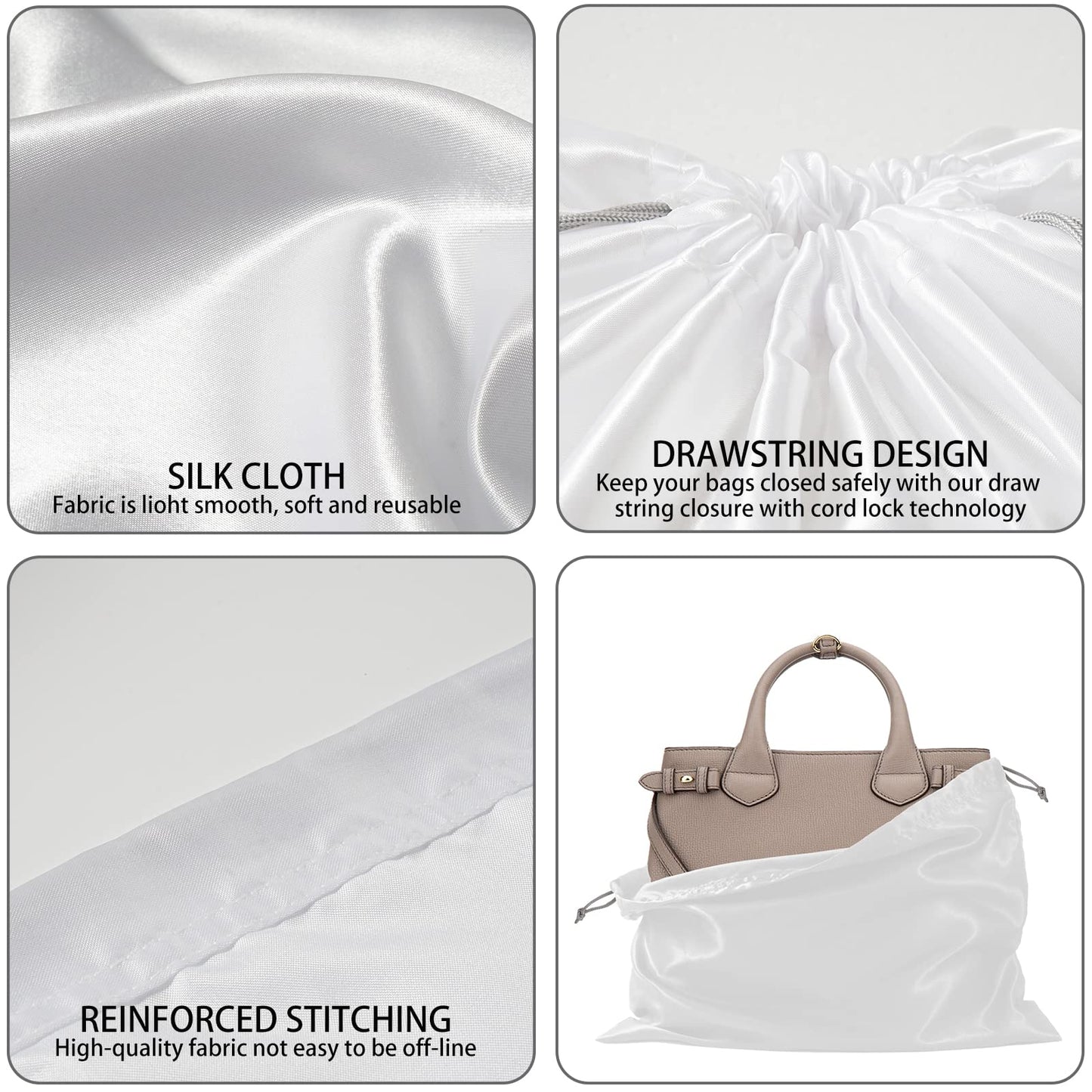 6 Pack Silk Dust Cover Bags for Handbags, Purses, Shoes & Boots - Dustproof Drawstring Bags - Travel Storage Pouches (White, 23.6 19.6 in)