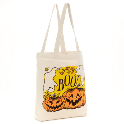 Hallmark 13" Large Halloween Tote Bag (Pumpkins and Ghosts, "Boo!") Reusable Canvas Bag for Trick or Treating, Grocery Shopping and More