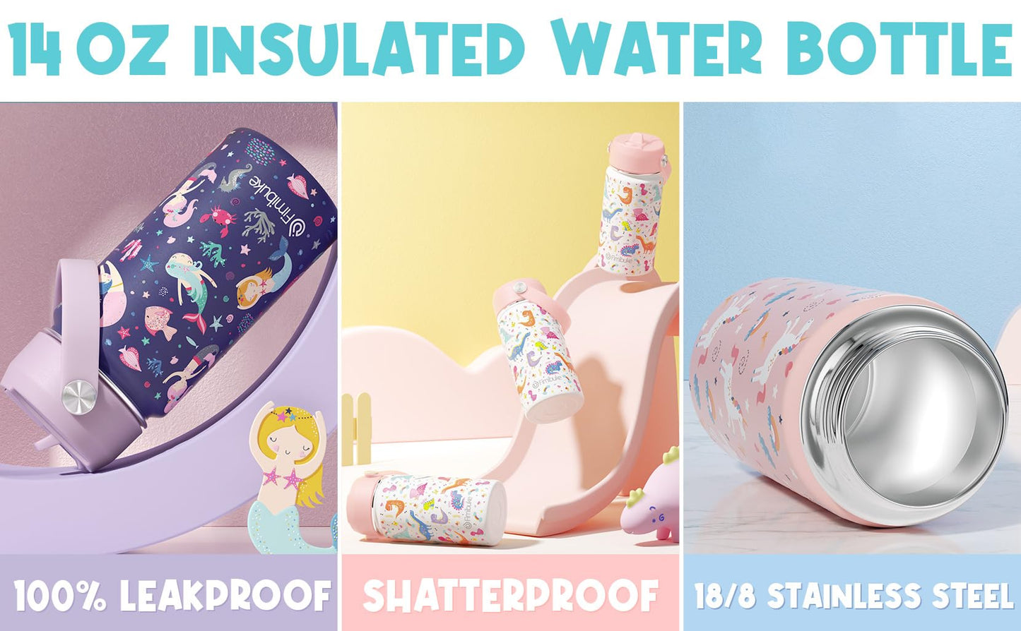 Fimibuke Kids Bento Lunch Box with 4 Compartments, Insulated lunch Bag, Stainless Steel Insulated Water Bottle, Ice Pack & Utensils Set, Birthday Gifts for Ages 3-12 Back to School Toddler Girls Boys