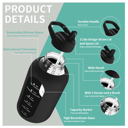 CIVAGO 64 oz Glass Water Bottle Jug with Straw and Handle, Half Gallon Sports Motivational Water Bottle with Time Marker, Wide Mouth Flask Canteen with Silicone Sleeve for Gym, Black