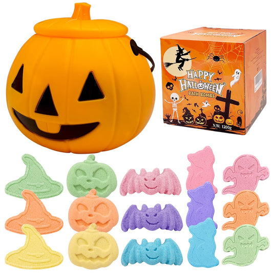 15 Count Halloween Bath Bombs with Pumpkin Bucket, Halloween Spooky Bath Bombs for Kids, Adorable Hallowen Trick o Treat Party Favors for Kids