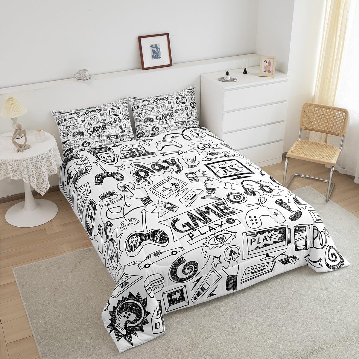 Erosebridal Gaming Comforter Set, Kids Gamepad Cartoon Bedding Set Video Games Gamers Duvet Set Queen Hip Hop Graffiti Quilt Set Racing Car Comforter Set, Black White Printed Bedroom Decor
