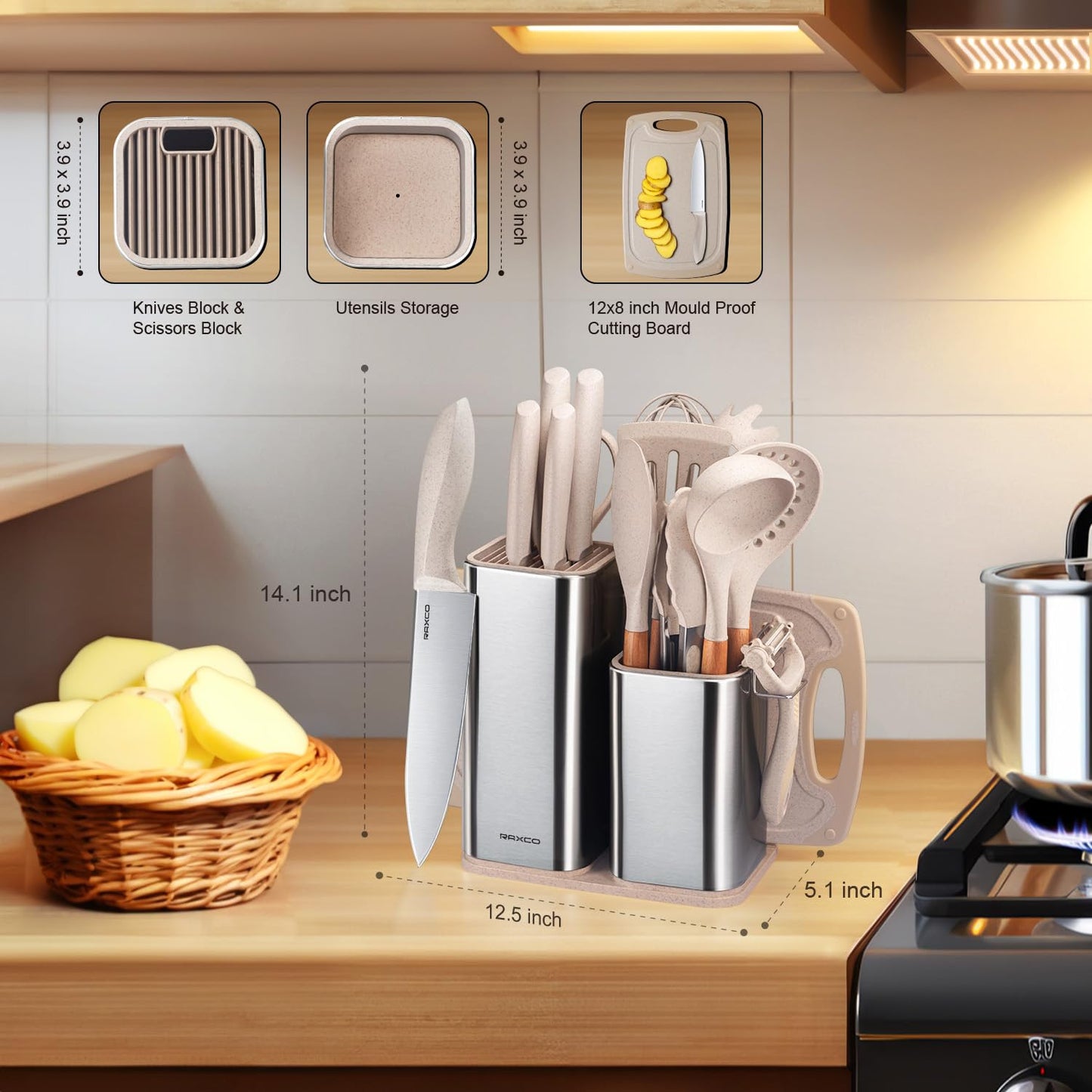 RAXCO Kitchen Utensils Set,18-Piece Cooking Tools and Sharp Knives,Stainless Steel Holder and Cutting Board