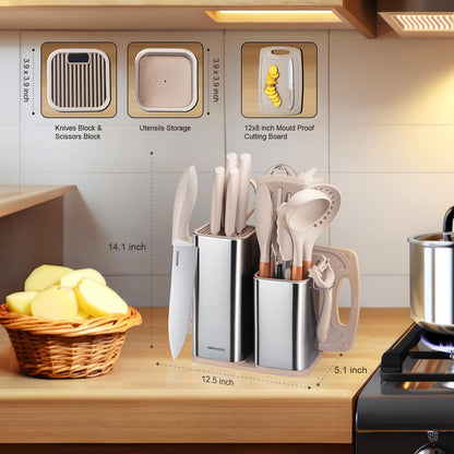 RAXCO Kitchen Utensils Set,18-Piece Cooking Tools and Sharp Knives,Stainless Steel Holder and Cutting Board