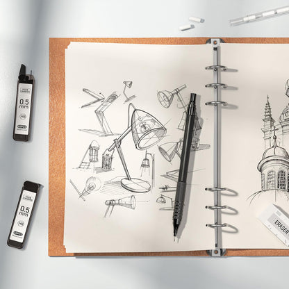 Four Candies 4PCS Metal Mechanical Pencils Set with Case, 0.5mm & 0.7 mm Artist Pencil with 8 Tubes (480PCS) HB Lead Refills, 3 Erasers,9 Eraser Refills For Writing Drafting, Drawing, Black&Silver