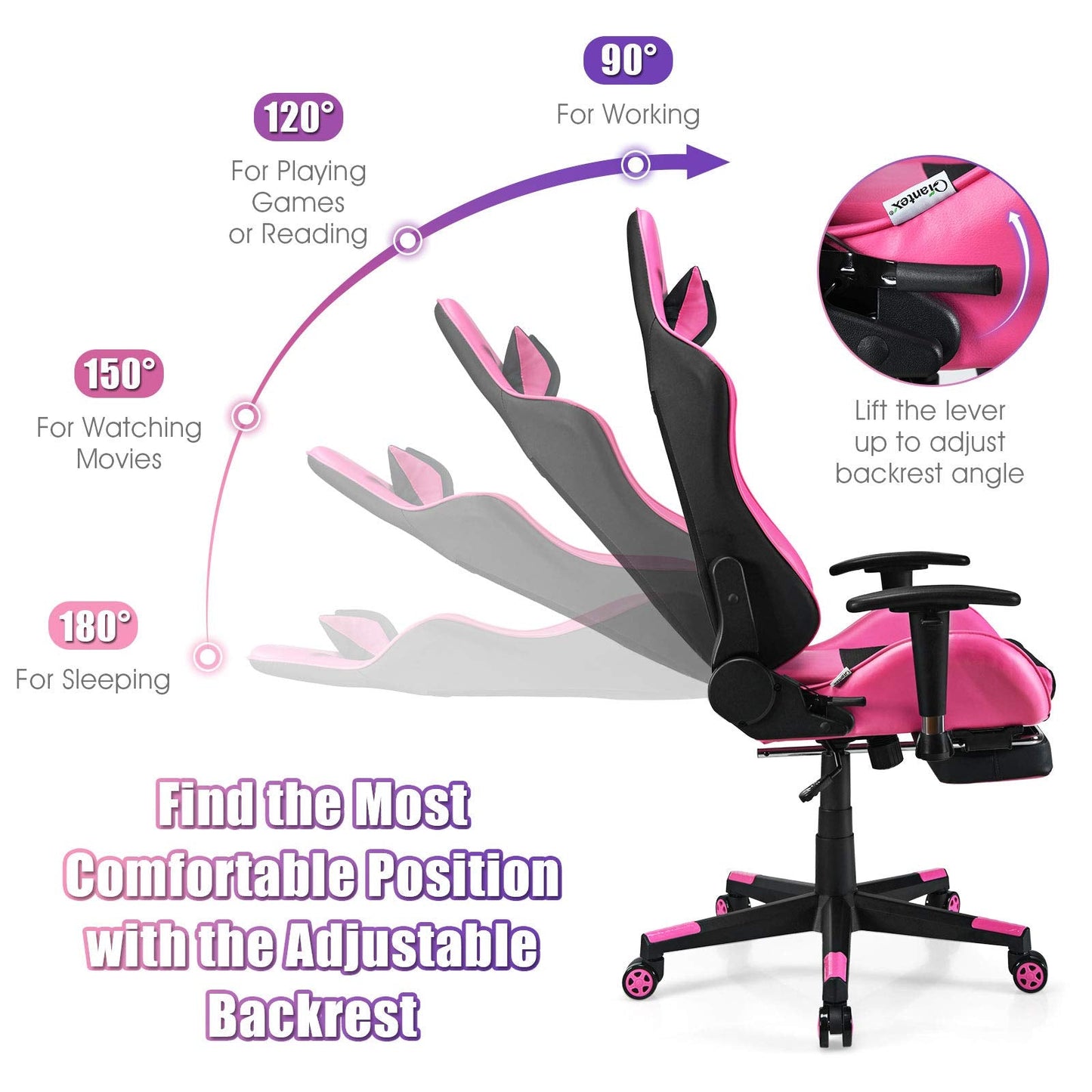 Giantex Massage Gaming Chair Pink, Ergonomic Video Game Chair with Footrest, High Back E-Sport Computer Chair with Headrest & Massager Lumbar Support, PU Leather Gaming Seat